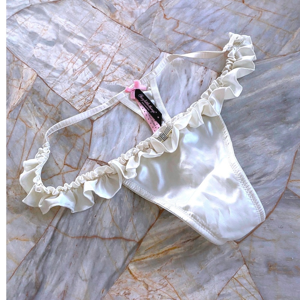 Victorias Secret Sexy Little Things Ivory Satin Ruffle Thong Panty Small Bow